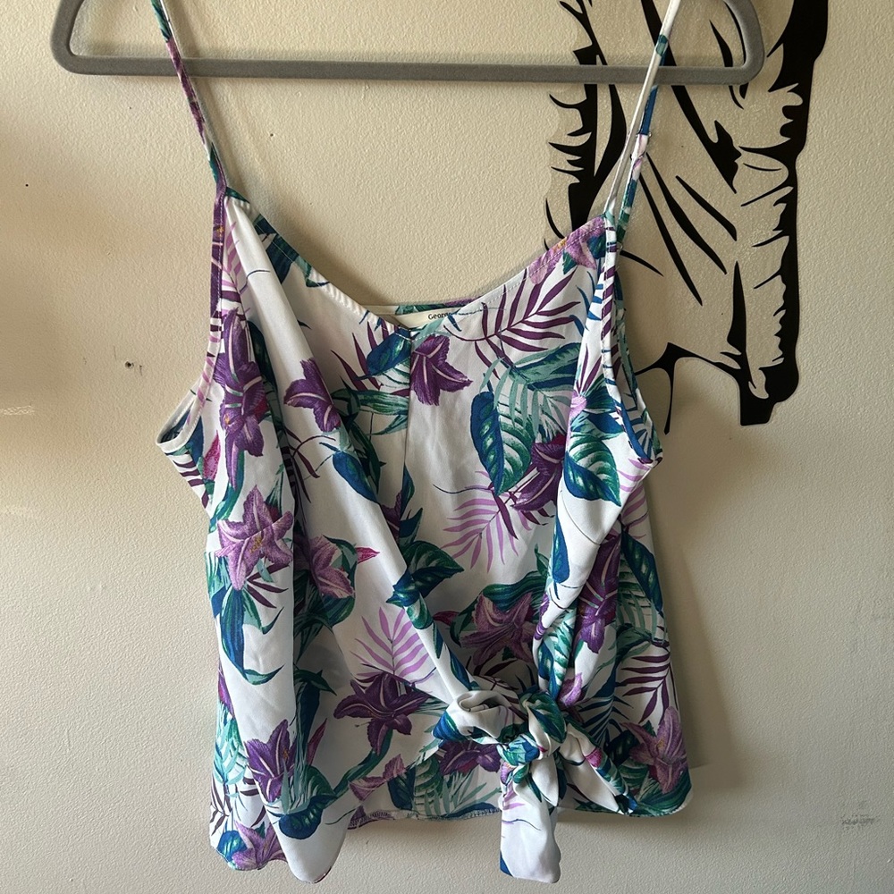 George White Tropical Floral Print Camisole with Purple & Teal Leaves